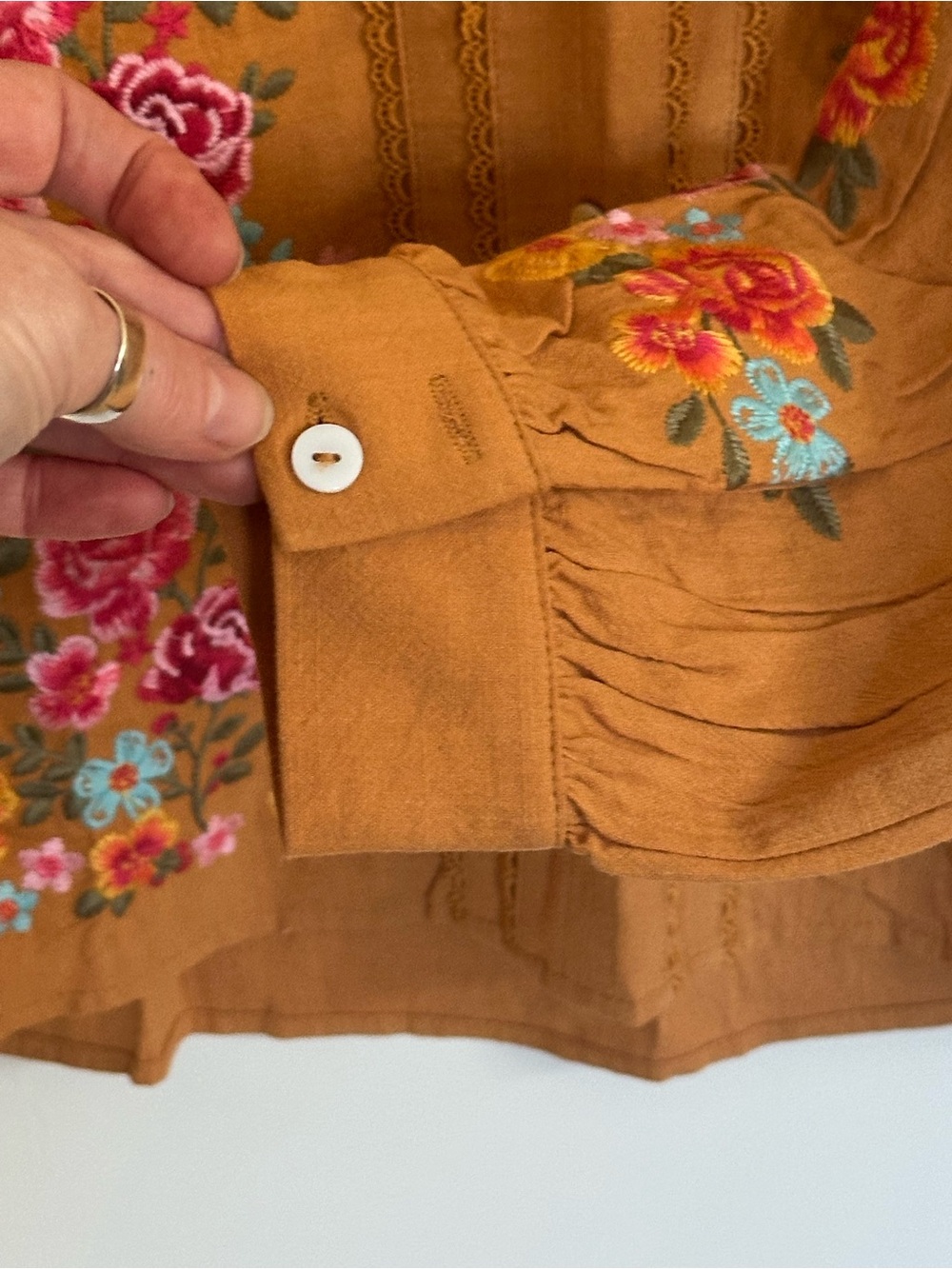 Savanna Jane Mustard Embroidered Floral Button-Front Top - Picture 6 of 12
